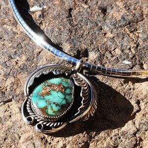Sterling Silver Vintage Native Signed Turquoise Necklace